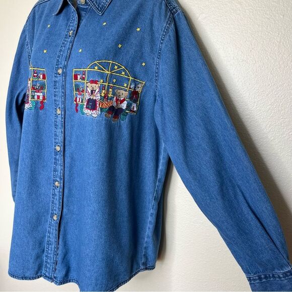 Bobbie Brooks Christmas Holiday Embroidered Denim Button Front Shirt Women Large - Picture 4 of 12